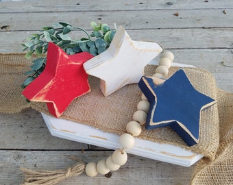 chunky wood star, July 4 wood decor, red white blue wood stars, distressed star decor,  Independence day, July 4 tier tray,