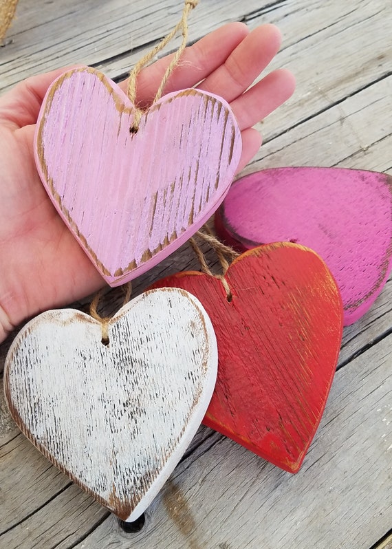 Rustic Wood Heart Ornaments, Set of 4, Hanging Valentine Wood Hearts,  Rustic Valentine Hearts, Distressed Hearts 
