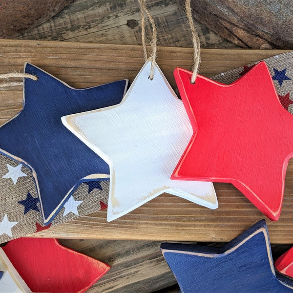 Rustic star ornament, July 4th wood star, Red white blue stars, hanging decorative stars, Independence Day decor, Memorial Day decor.