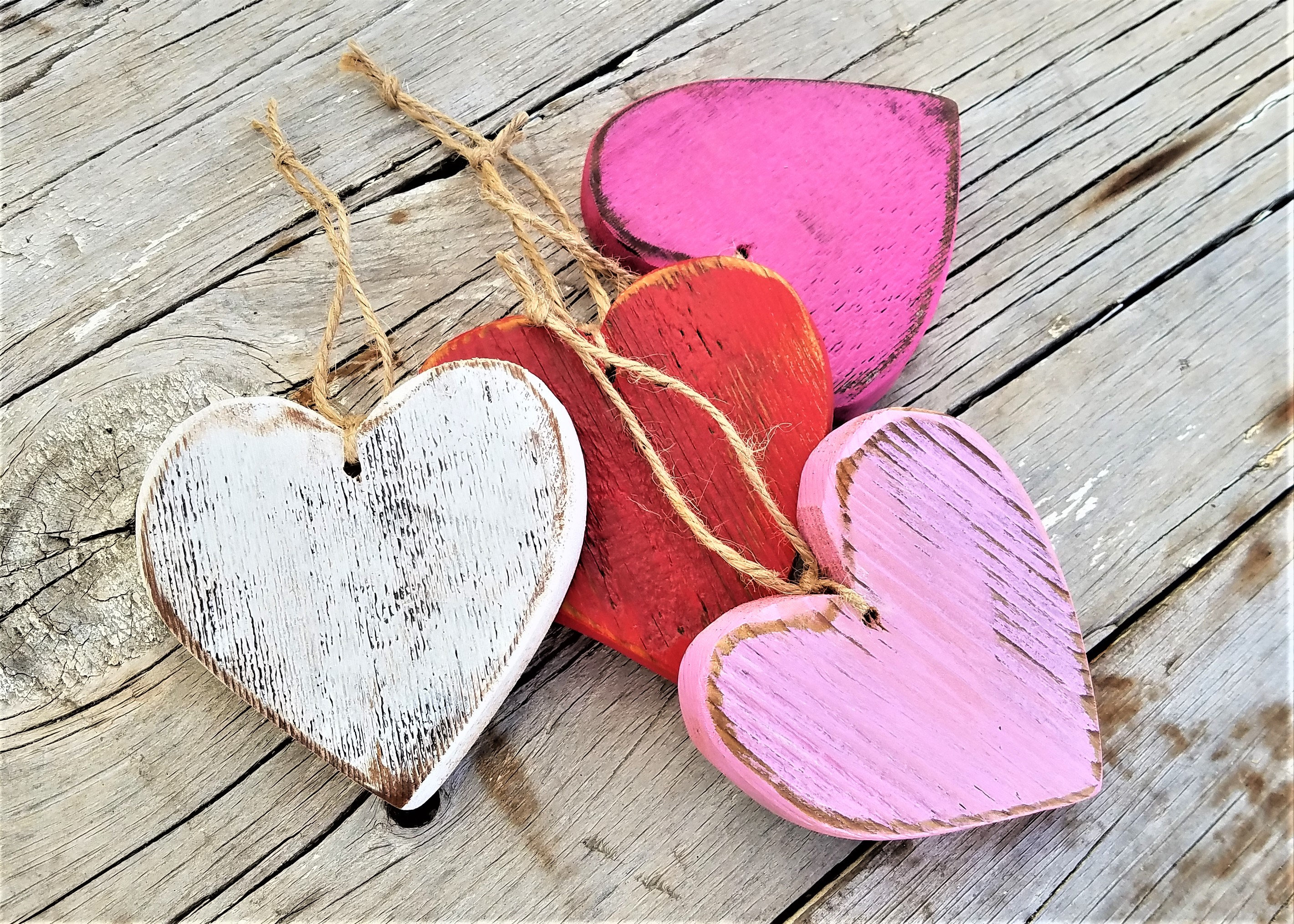 Rustic Wood Heart Ornaments, Set of 4, Hanging Valentine Wood