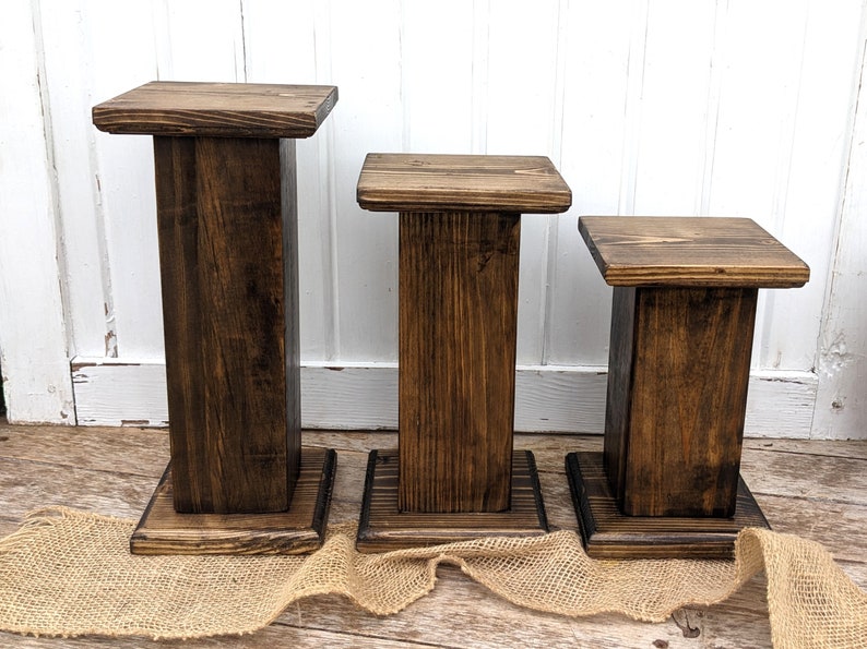 Wood pedestal risers, small plant risers, Walnut stained risers , black wood riser, candle holders, display, wedding decor riser image 2