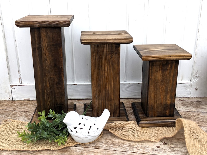 Wood pedestal risers, small plant risers, Walnut stained risers , black wood riser, candle holders, display, wedding decor riser image 1