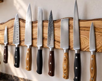 Handmade Olive Wood Magnetic Knife Holder, Live Edge Kitchen Organizer