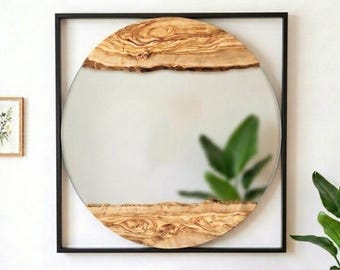 Olive Wood Live Edge Round Mirror, Square Metal Frame Wall Art