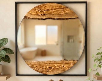 Metal Frame Rustic Mirror, Live Edge Olive Wood Mirror, Bathroom Wall Decor