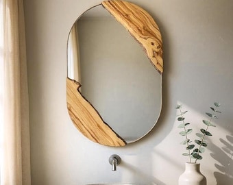 Live Edge Wall Mirror | Olive Wood Oval Mirror | Handmade Modern Rustic Decor