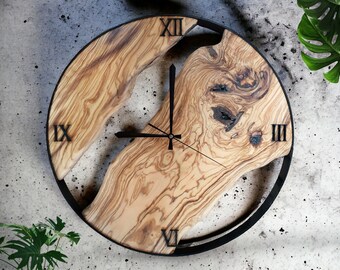 Olive Wood Live Edge Wall Clock, Rustic Farmhouse Decor