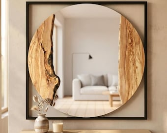 Zwart metalen ingelijste spiegel met levende rand, olijfhout, handgemaakte rustieke minimalistische woondecoratie