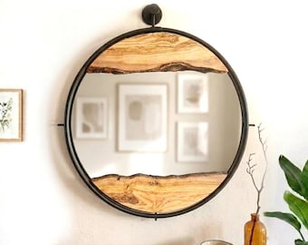 Round Olive Wood Metal Frame Wall Mirror, Modern Bathroom Mirror, Circular Wooden Art