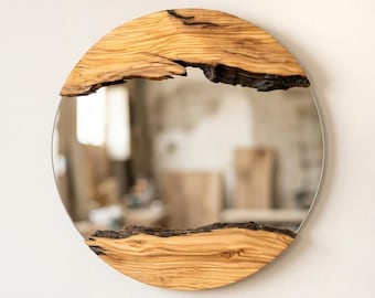 Live Edge Wood Wall Mirror, Olive Wood Round Wall Mirror, Large - Small Rustic Decor