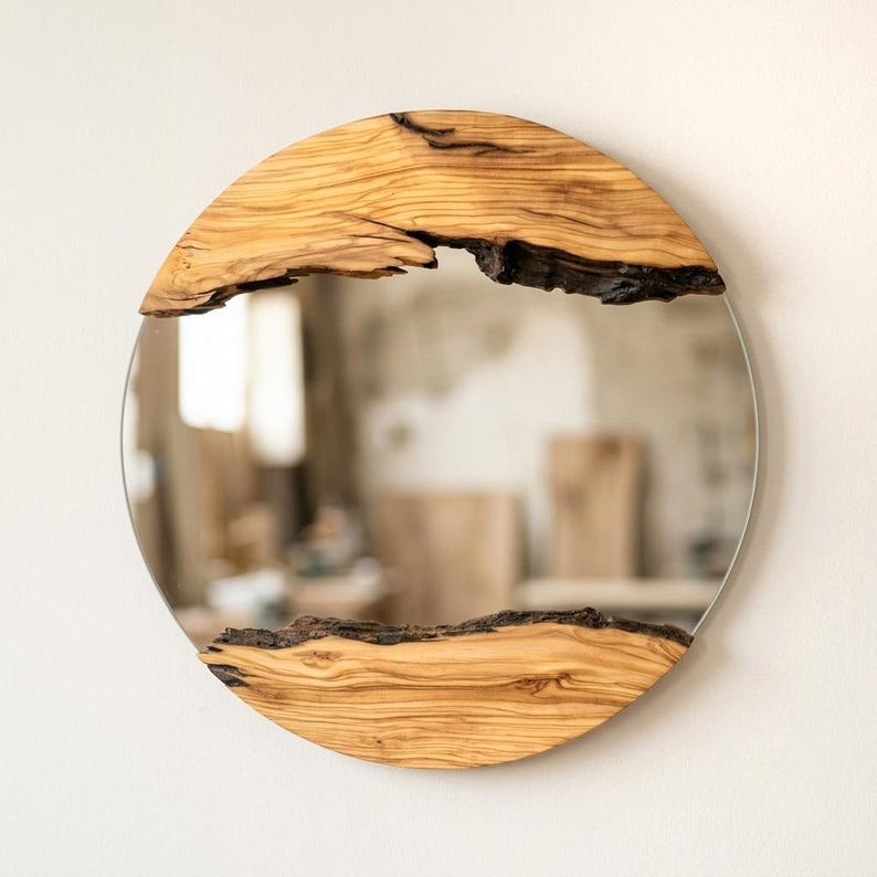 Espejo de pared rústico de madera de olivo, arte de pared de madera con borde natural, espejo redondo de madera imagen 3