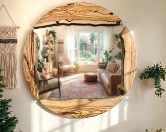Live Edge Olive Wood Round Mirror, Rustic Wall Decor