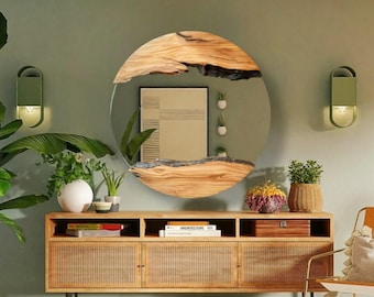 Large Olive Wood Round Wall Mirror, Handmade Rustic Decor