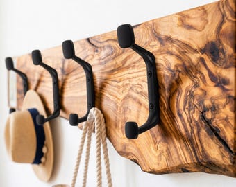 Olive Wood Coat Rack with Black Hooks, Live Edge Wooden Wall Hanger, Handmade Wood Wall Decor