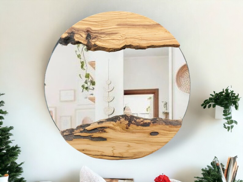 Espejo de pared rústico de madera de olivo, arte de pared de madera con borde natural, espejo redondo de madera imagen 5