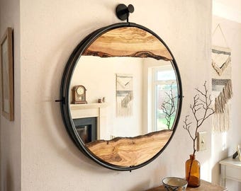 Ronde wandspiegel met metalen lijst van olijfhout, moderne rustieke badkamerspiegel, ronde houten kunst
