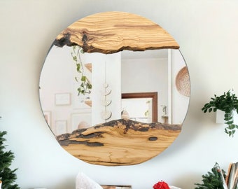 Espejo redondo de madera de olivo, espejo de pared de madera de borde vivo, espejo de pared decorativo, espejo grande con marco de madera