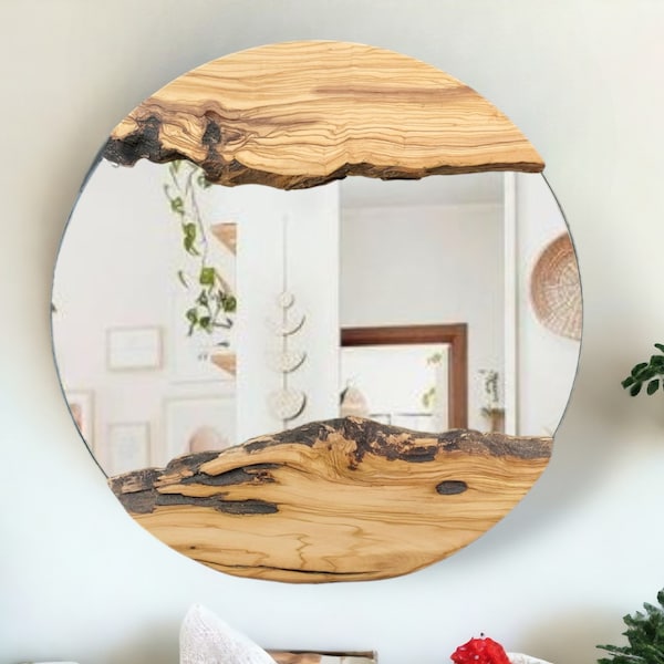 Olive Wood Round Mirror, Live Edge Wood Wall Mirror, Decorative Wall Mirror, Mirror Wall Decor