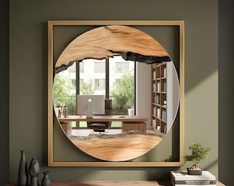 Rustic Hallway Mirror, Live Edge Wood Gold Square Metal Frame Mirror