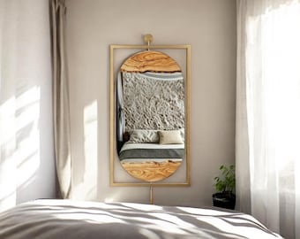 Olive Wood Oval Mirror, Gold Metal Frame Mirror, Live Edge Decorative Wall Decor
