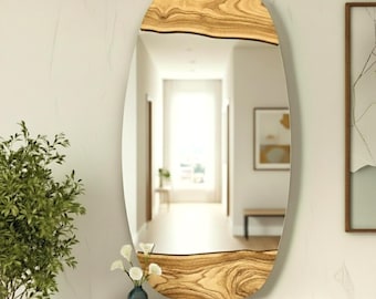 Handcrafted Olive Wood Oval Wall Mirror, Rustic Decor