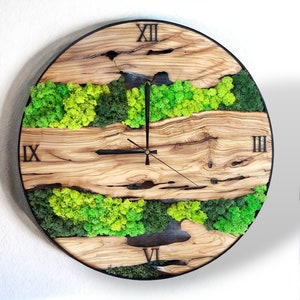 Wood Wall Clock & Moss Wood Wall Art, Wood Wall Art Large, Personalized New Home Gift