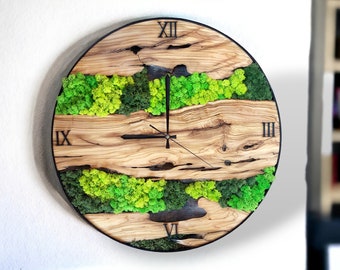 Wood Wall Clock & Moss Wood Wall Art, Wood Wall Art Large, Personalized New Home Gift