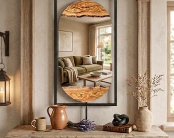 Metal Frame Oval Wood Mirror, Modern industrial Art Mirror,  Live Edge Decorative Wall Decor