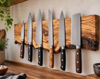 Olive Wood Magnetic Knife Holder, Live Edge Knife Rack, Wall Mounted Wooden Knife Holder, Handmade Kitchen Storage