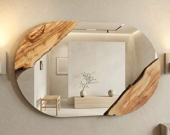 Olive Wood Oval Mirror, Live Edge  Rustic Wall Decor