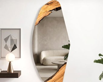 Irregular Olive Wood Full Length Mirror, Live Edge Asymmetrical Wall Art