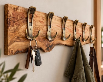 Live Edge Olive Wood Coat Rack, Large Double Hooks, Rustic Entryway Wall Hanger
