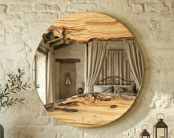Large - Small Round Olive Wood Mirror, Rustic Bathroom Wall Mirror, Hallway Decor Art