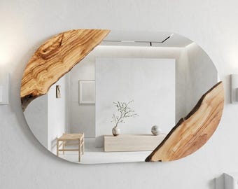 Olive Wood Oval Wall Mirror, Handmade Oval Decorative Mirror, Minimalist Wood Wall Art