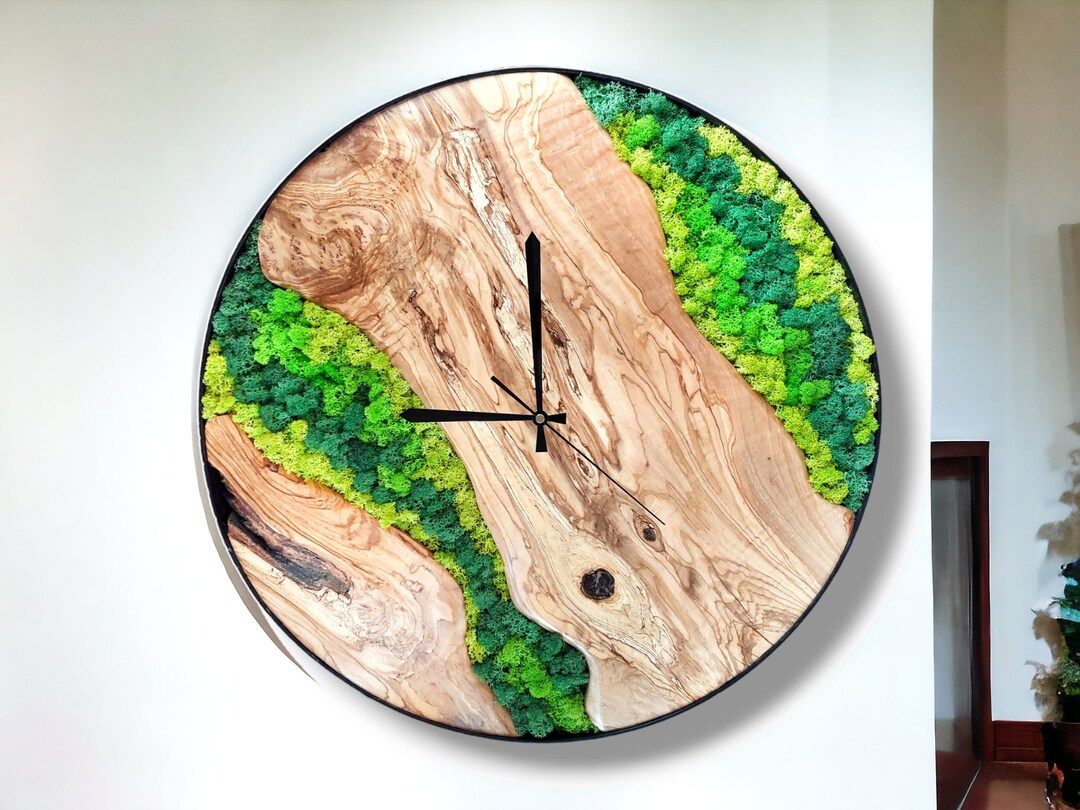Custom Olive Wood Clock, Moss Wood Wall Art, Minimalist Wall Decor ...