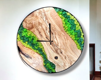 Custom Olive Wood Clock, Moss Wood Wall Art, Minimalist Wall Decor, Natural Wood Art