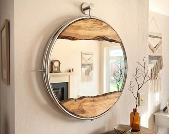Live Edge Olive Wood Mirror, Silver Metal Frame Round Mirror, Industrial Modern Wall Decor