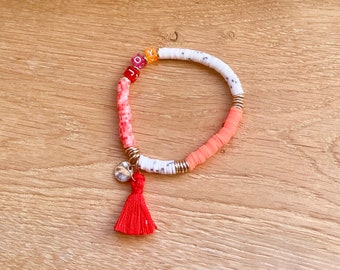 JOY Armband orange rot weiß bunt mit Quaste und goldenem Anhänger