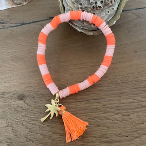 Neon bracelet with palm tree and tassel, orange pink