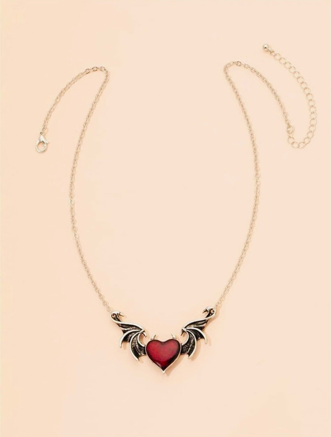 Gothic Heart Necklace Wings Necklace Silver Necklace Red Etsy