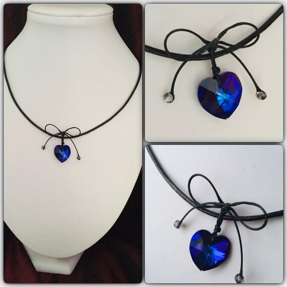 Crystal Heart Leather Choker Swarovski Heart Pendant Handmade