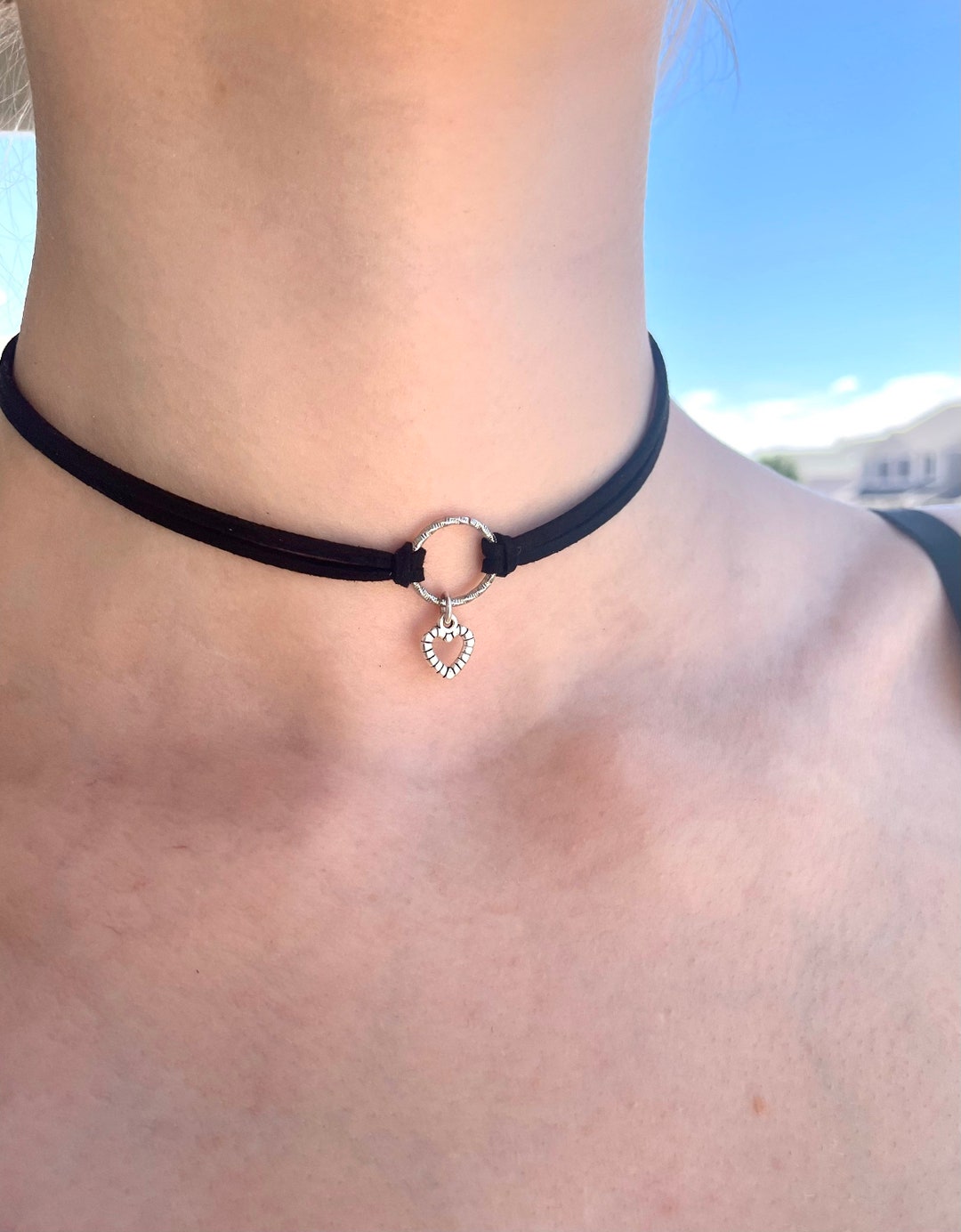O Ring Choker, Black Choker Necklace, Heart Choker, Love Sing Necklace