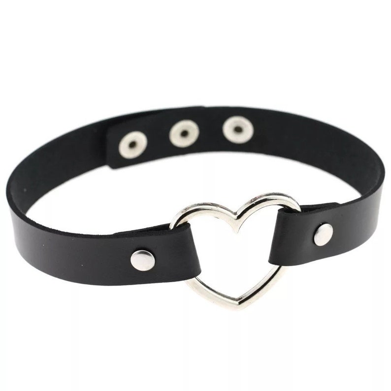 Black Leather Choker Collar Silver Heart Choker Black Choker Etsy