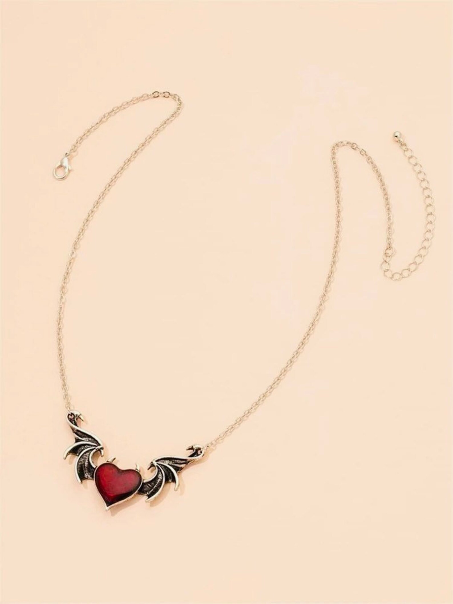 Gothic Heart Necklace Wings Necklace Silver Necklace Red Etsy