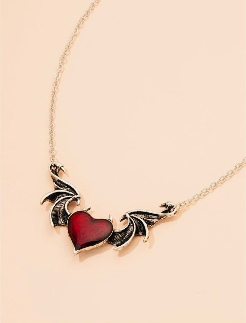 Gothic Heart Necklace Wings Necklace Silver Necklace Red Etsy