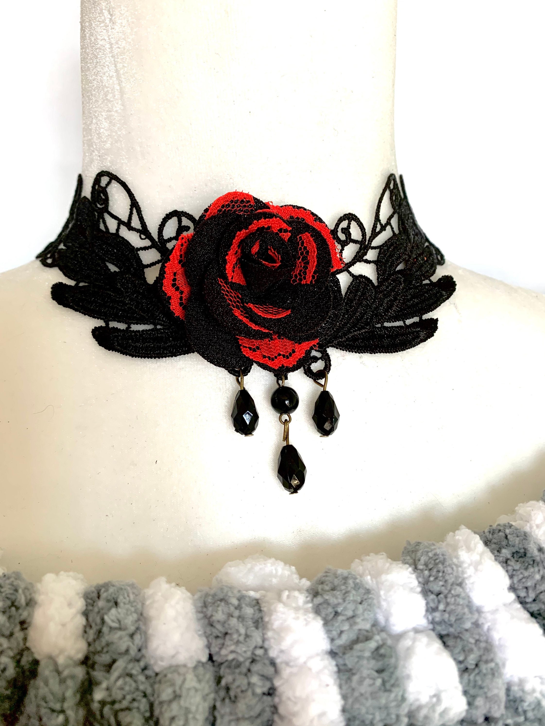 Retro Necklace Black Red Choker Rose Pendant Gothic Style | Etsy