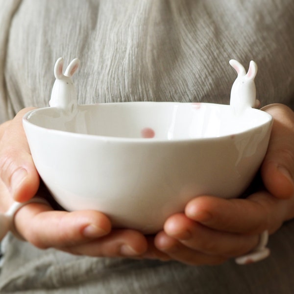 Ceramic Bunny Bowl, Cereal Bowl, Pottery Soup Plate, Unique Serving Bowl. Housewarming Gift