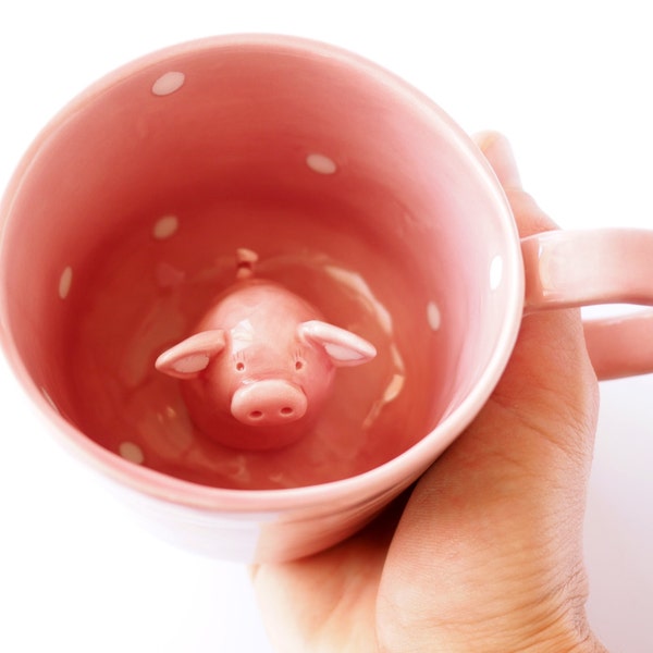 Pig Coffee Mug, Cute Hidden Animal Mug. Hand Painted Mug. Handmade in Italy