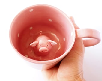 Pig Coffee Mug, Cute Hidden Animal Mug. Hand Painted Mug. Handmade in Italy