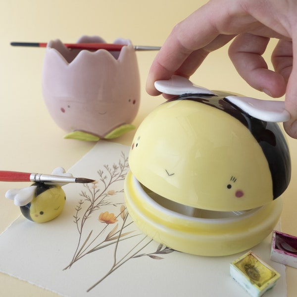 Ceramic Paint Palette Bee Shaped, Flower Paint Water Cup, Bee Brush Rest. The Lid is a Water Bowl for Brushes. Kit or Single Item. Handmade